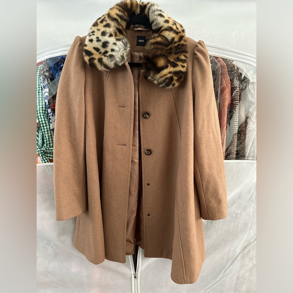 ASOS Swing Coat with Removable Faux Fur Leopard Collar Size 6